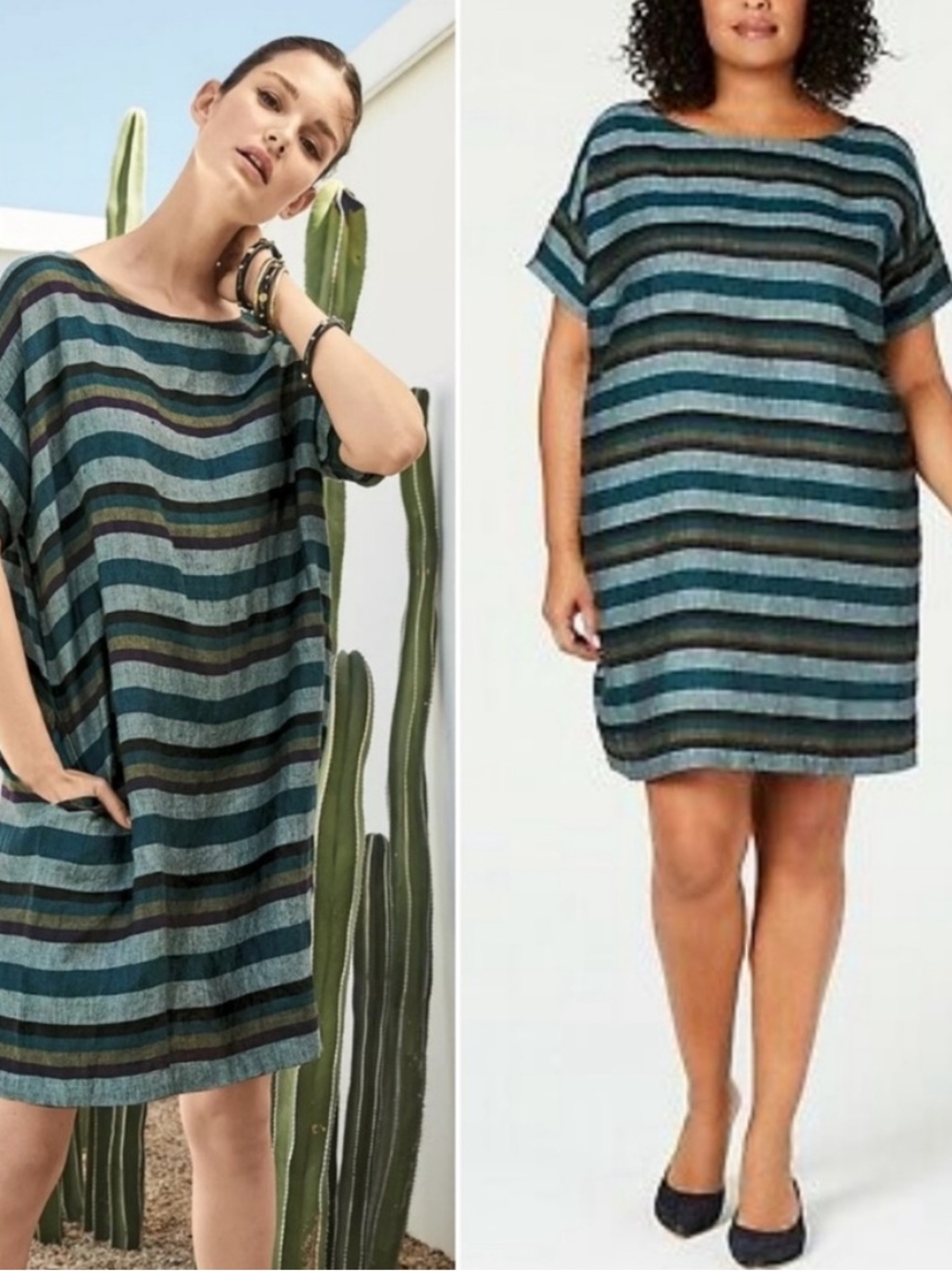 BOGO! Eileen Fisher Organic Linen Teal Striped Shift Dress